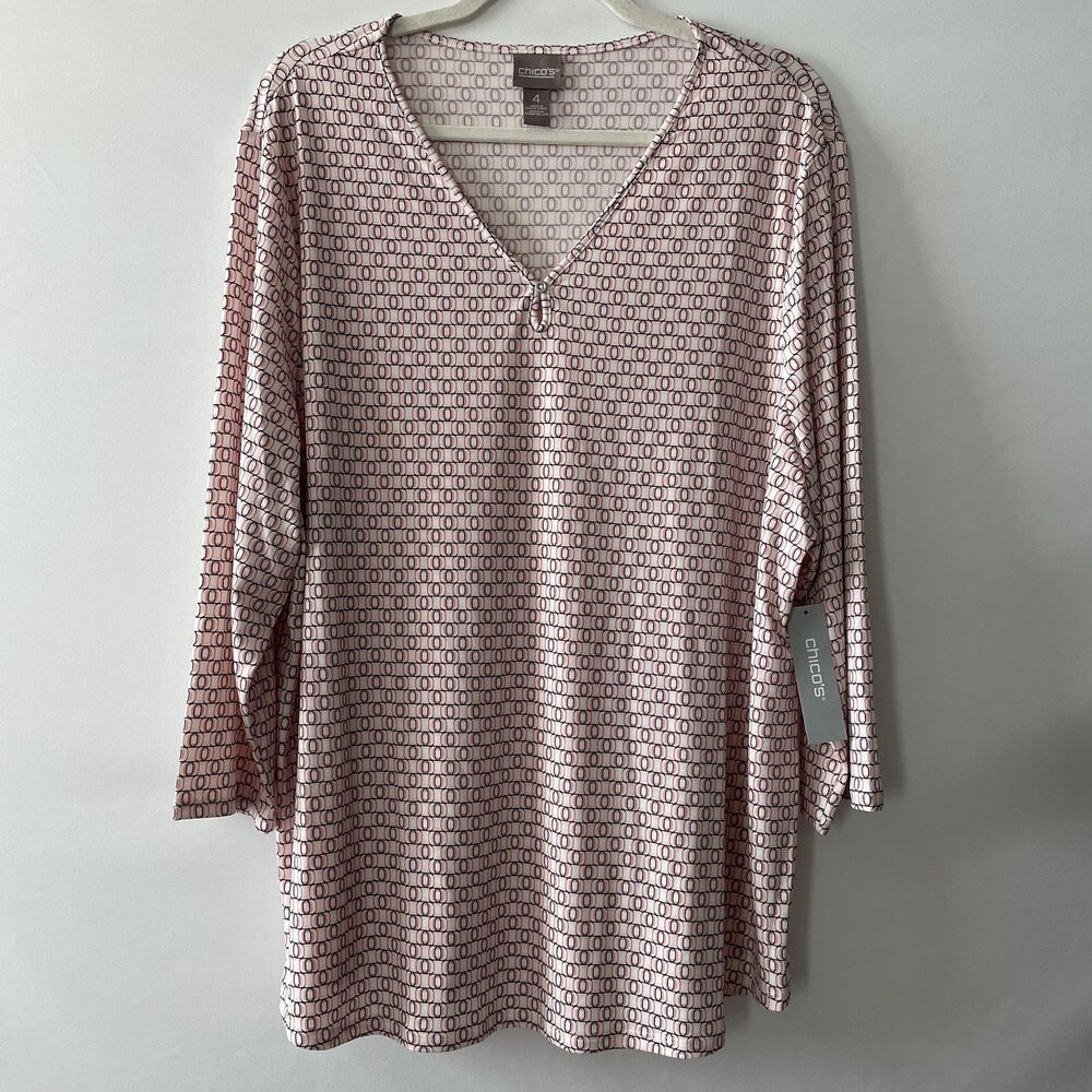 NWT Chico's Top Geometric Pink Keyhole Neck 3/4 Sleeve Knit Size 4, XXL